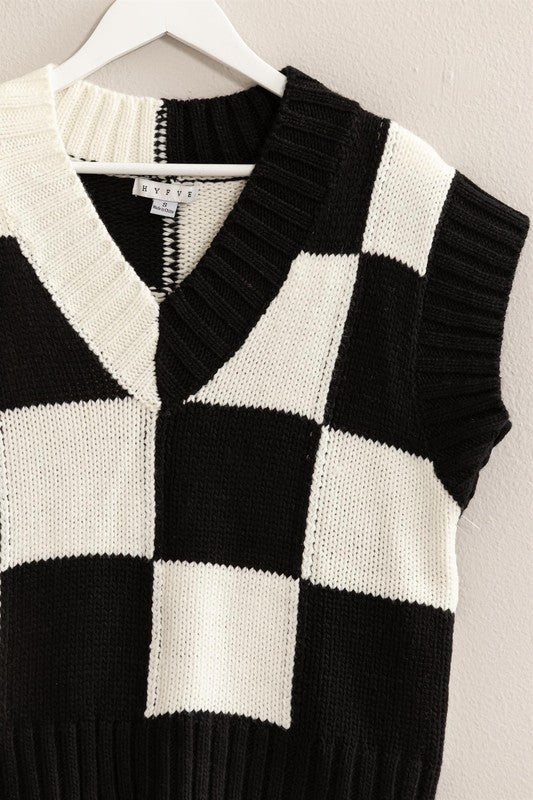 V-Neck Checkerboard Knit Sweater Vest