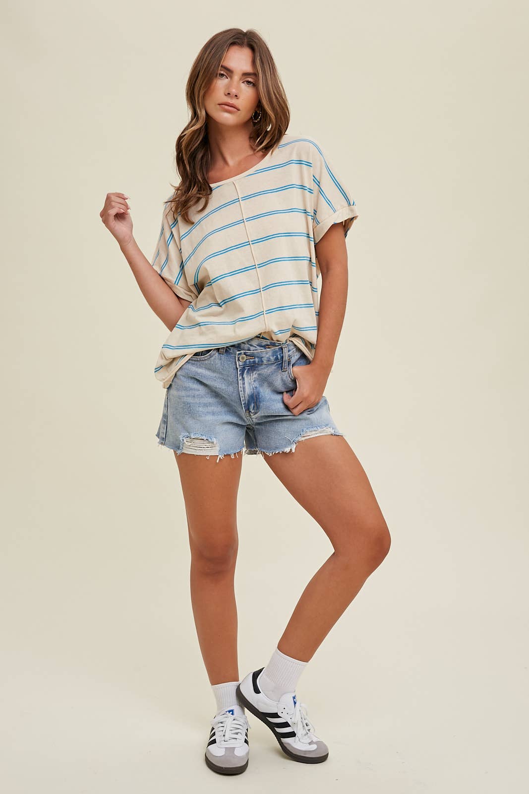 Larissa STRIPED COTTON KNIT TOP WITH TWIST CUFF DETAIL