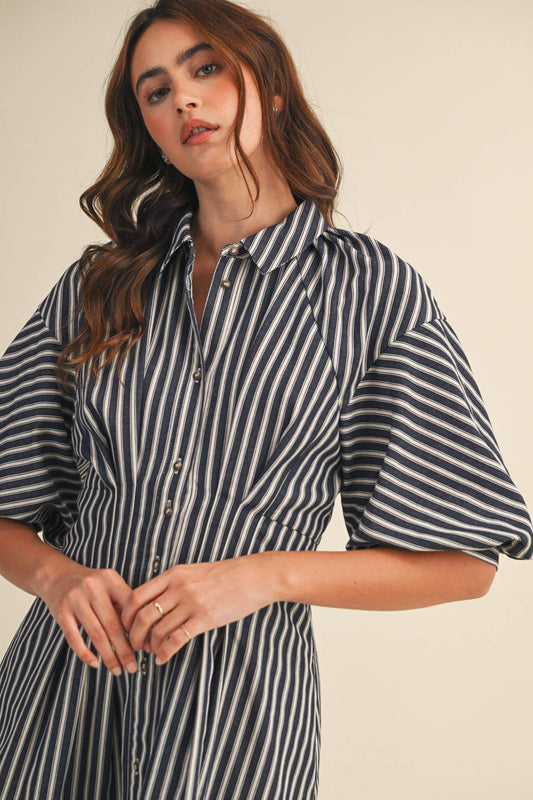 STRIPED DENIM BUBBLE SLEEVE MINI DRESS